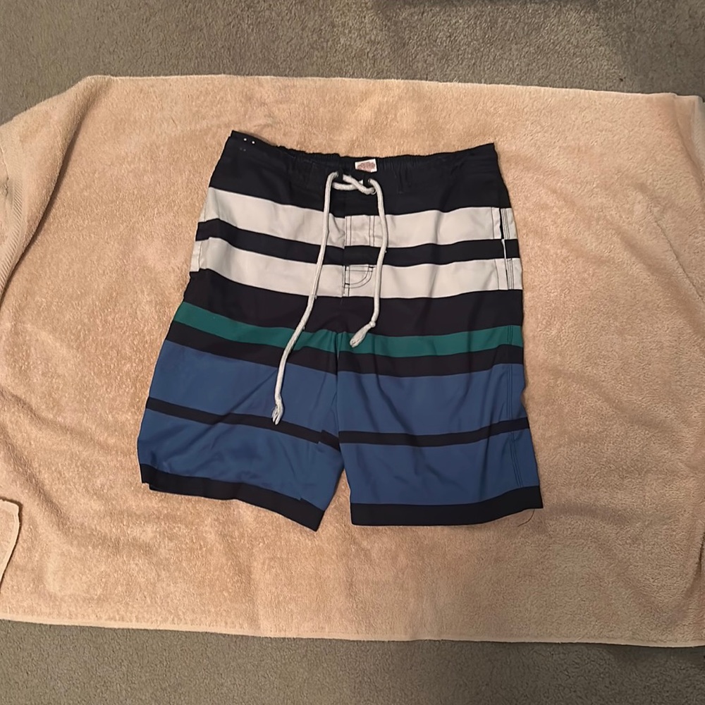 Men's striped swim trunks w/ netting Size: M (waist: 32)